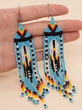 Handmade Turquoise Beaded Fringe Earrings with Multicolor Accent